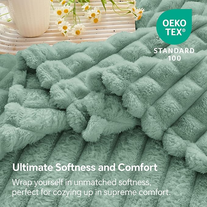 BEDELITE Sage Green Throw Blanket Twin Size for Bed- Super Soft and Warm 3D Checkered Fluffy Fuzzy Fleece Blanket, Luxurious Plush Cozy Blanket for Room Decor Fall and Winter, 60x80 inches