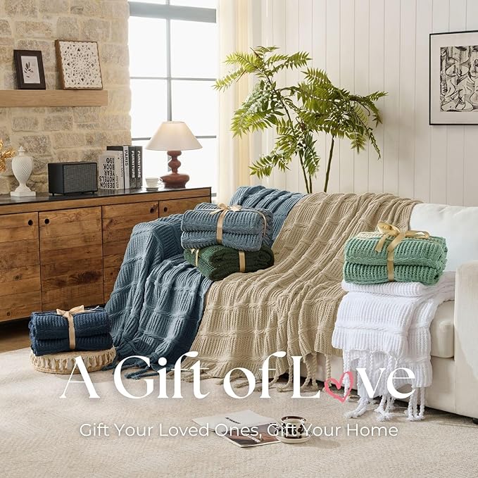 Boho Knitted Chenille Blanket with Tassels - Lightweight & Soft All-Season Throw - 3D Classic Pattern for Living Room Bedroom Couch, Sandy Beige, Queen 90"x90"