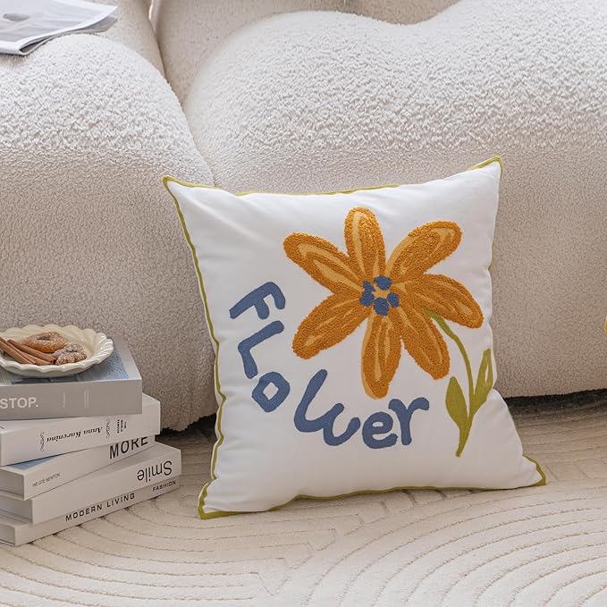 YIcabinet Pillow Covers Set of 2, Embroidered Yellow Flower Pattern Throw Pillow Cover,Square Cotton Cushion,Pillow Case for Sofa Bedroom Couch,18"x18"