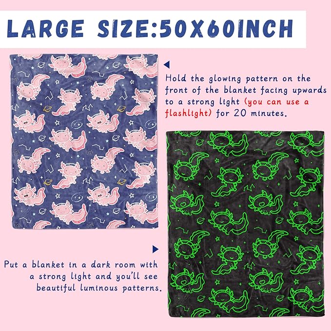 Axolotl Blanket Glow in The Dark for Girls, Axolotl Gifts Toys for Kids Teens Girls Easter, Soft Cozy Plush Fleece Throw Blankets for Couch & Bed Graduation Decor, Travel, Birthday Gifts 50x60inch