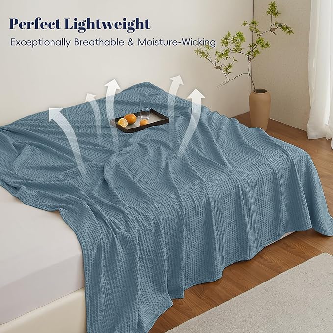 PHF Lightweight Waffle Weave Blanket Queen Size, Breathable & Ultra Soft, 90"x 90" Soft & Cozy Thin Blanket for All Season & Hot Sleepers, Bed, Home Decor - Stormy Blue