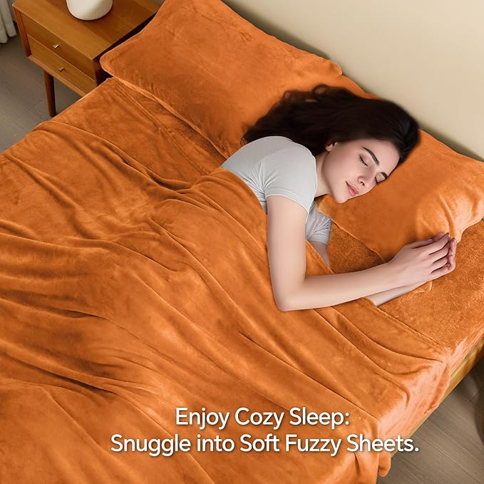 BEDELITE Flannel Sheets Queen Size Burnt Orange - Super Soft Fall Fleece Sheets Set Fluffy Extra Plush, 4 Piece(Include Fitted Sheet, Flat Sheet, 2 Pillowcases)