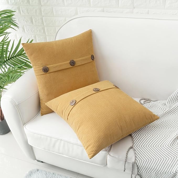 HWY 50 Mustard Yellow Chenille Throw Pillow Covers 22x22 Inch with Triple Buttons, Soft Farmhouse Accent Decorative Cushion Cases for Couch Sofa Bed Living Room Pack of 2