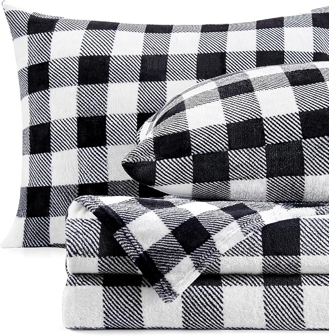 BEDELITE Fleece Sheets Queen Size Bed Set, Luxury Red and Black Plaid Winter Bedding Set, Super Soft & Warm Fuzzy Flannel-Like Sheets 4 Piece(Include Fitted Sheet, Flat Sheet, 2 Pillowcases)