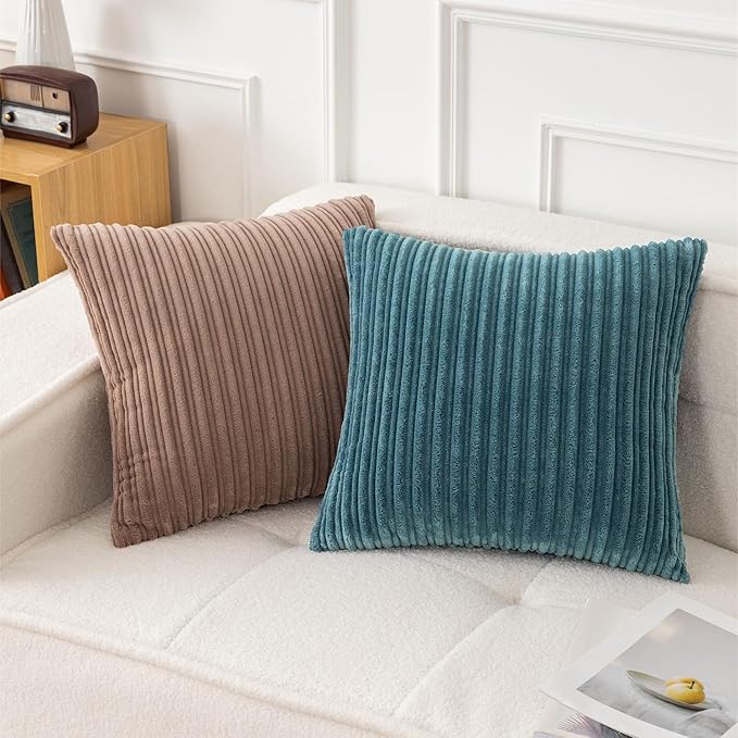UGASA Velvet 12x20 Inch Lumbar Soft Throw Pillow Cover Boho Farmhouse Decorative Corduroy Striped Both Sides Solid Rectangular Cushion Case for Couch Bedroom Sofa Home, 1 Piece, Blue Grey