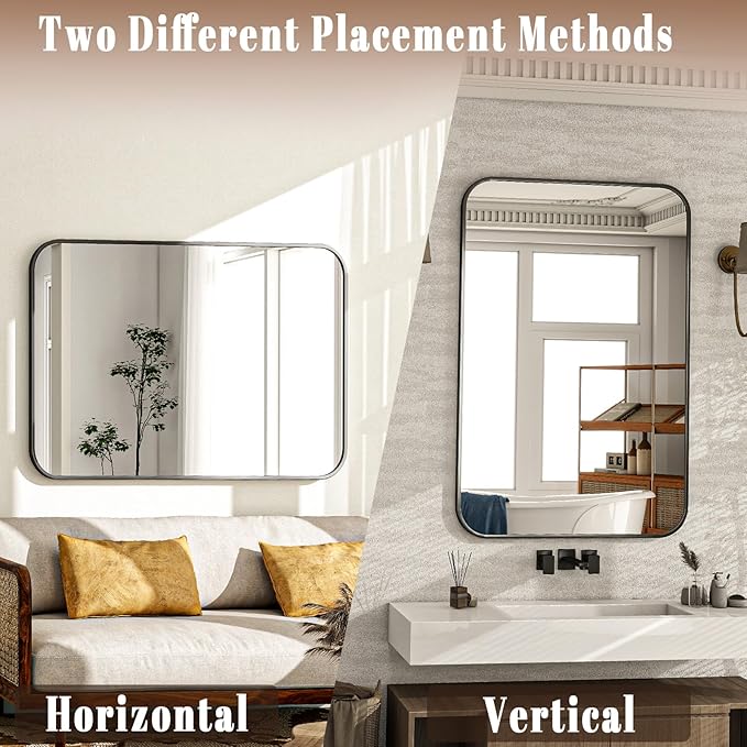 26x38 Inch Bathroom Mirror - Wall Mounted Vanity Mirror with Round Corner Aluminum Alloy Frame, Hanging Horizontally Vertically for Living Room, Bedroom, Hallway as Home Decor, Black