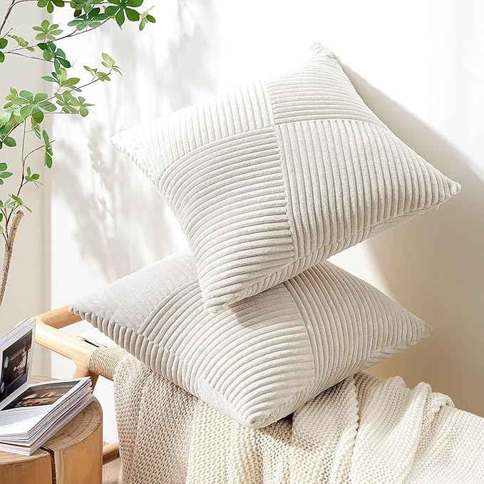 Topfinel 24x24 inches Pillow Covers Set of 2 Cream White Corduroy Decorative Throw Pillow Covers for Sofa Couch Bed, Windmill Textured Striped Patchwork Couch Spring Pillow Case 60x60 cm