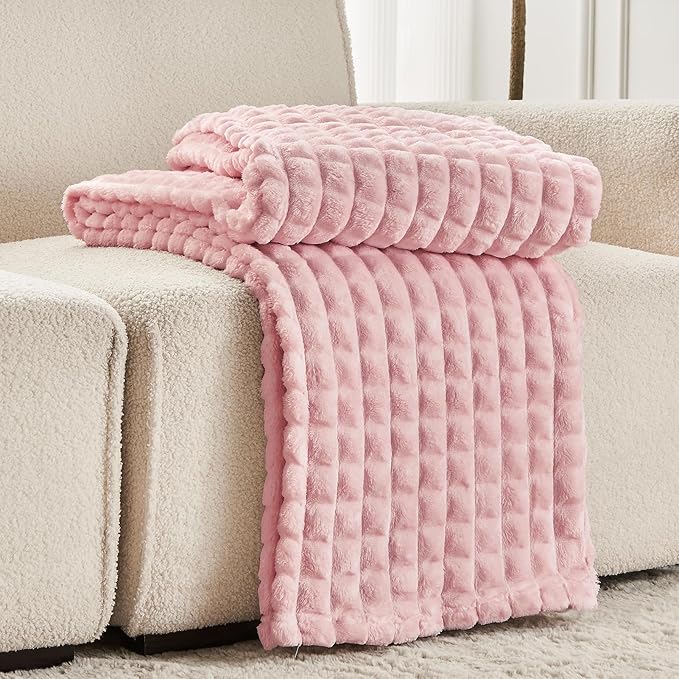 FY FIBER HOUSE Bed Blanket for Couch Soft Warm Fuzzy King Size Blankets for Sofa All Season Use, 108x90 Inches, Pink