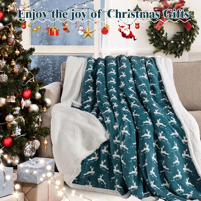 LBRO2M Sherpa Fleece Bed Blanket Queen Size,Christmas Super Soft Fuzzy Plush Warm Cozy Fluffy Microfiber Couch Throw Velvet Double Reversible Luxurious Blankets Green White Deer