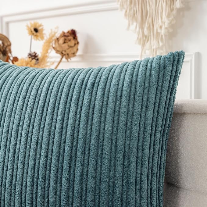 UGASA 14x20 Inch Pillow Cover Pack of 1 Soft Boho Stripe Corduroy Long Rectangle Lumbar Cushion Case Farmhouse Decorative Throw Pilowcase for Bed, Couch, Sofa, Bedroom, Living Room, Blue Grey