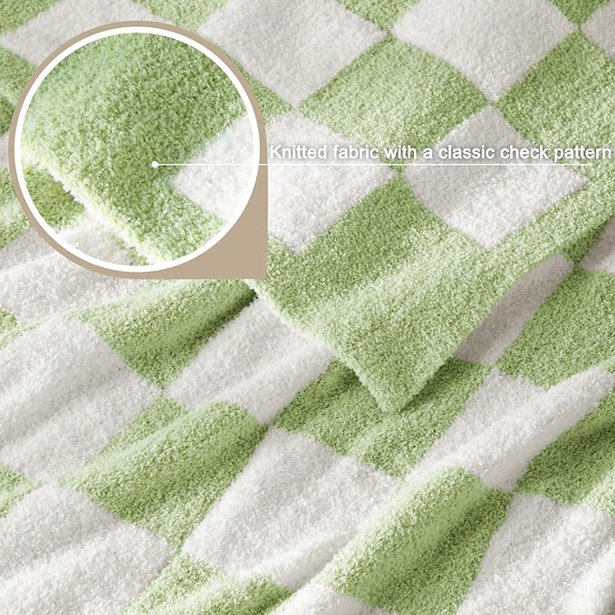 Whale Flotilla Checkered Knit Blanket Twin Size, Ultra Soft Warm Reversible Cozy Decorative Blankets for Couch Sofa and Bed, 60x80 Inch, Light Green