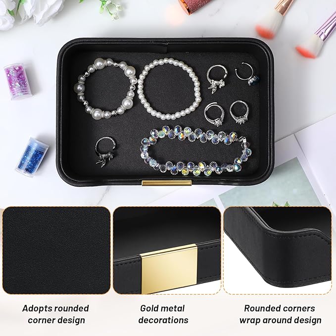 Luxury Leather Valet Tray Desktop Storage Organizer, Bedside Vanity Catchall Tray Nightstand Caddy Holder for Cosmetic, Jewelry, Watch, Keys, Phone,Wallet, Remote Controller, Pen (Black)