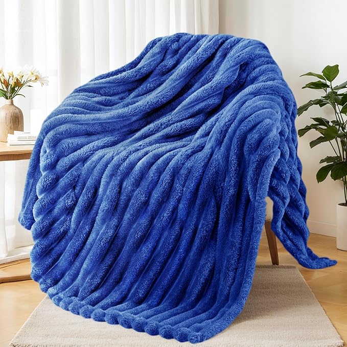 Exclusivo Mezcla Fleece Throw Blanket for Couch, Super Soft Striped Jacquard Bed Blanket, Lightweight Fuzzy Cozy for All Seasons, 50x60 Inches, Cobalt Blue