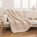 WESHIONGOO Chunky Knit Blanket Throw Knitted Throw Blankets for Couch Bed Fluffy Soft Blanket with Jumbo Chenille Yarn Thick 100% Handmade (Linen, 51"×63")