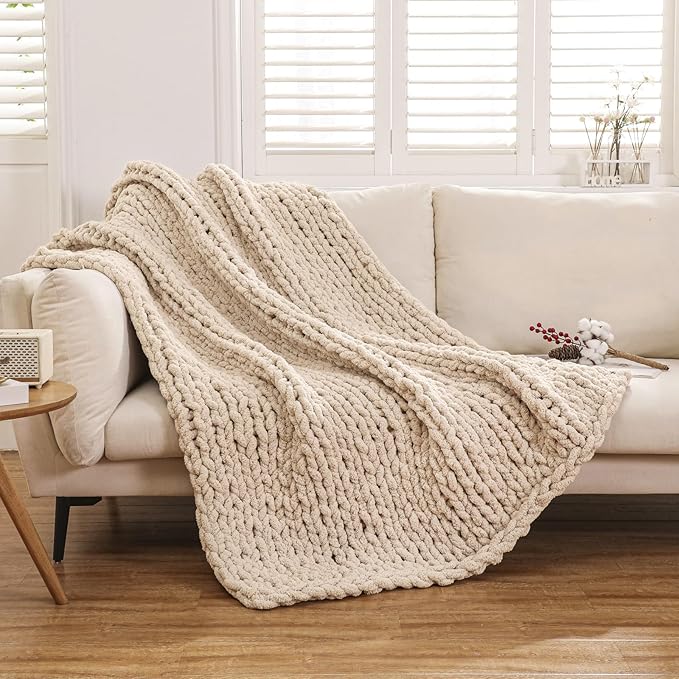 WESHIONGOO Chunky Knit Blanket Throw Knitted Throw Blankets for Couch Bed Fluffy Soft Blanket with Jumbo Chenille Yarn Thick 100% Handmade (Linen, 51"×63")