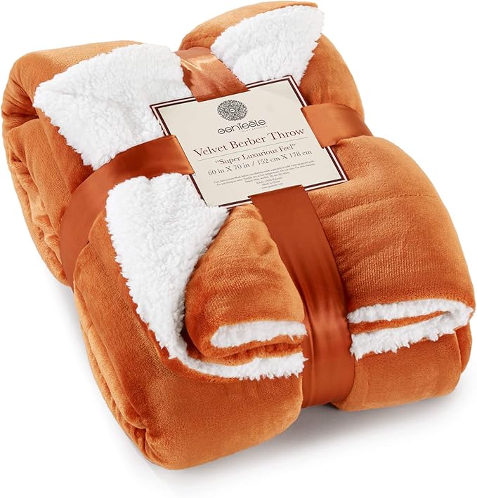 Genteele Sherpa Throw Blanket Super Soft Reversible Ultra Luxurious Plush Blanket, 60 x 70 inches, Burnt Orange/White