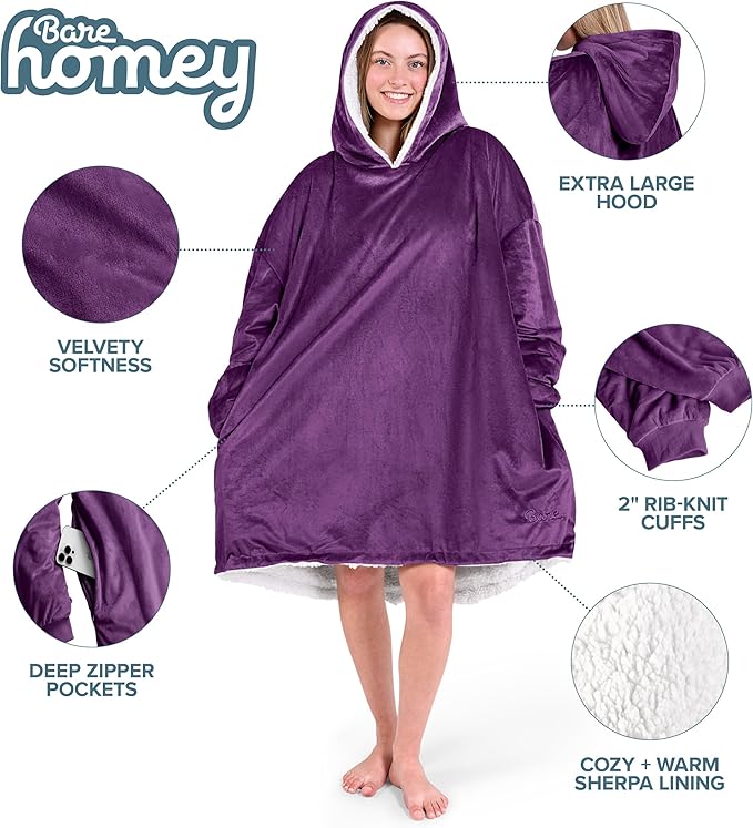 Bare Home Wearable Blanket Hoodie - Soft Plush Sherpa - Warm and Cozy - Oversized Wearable Blanket - Adult & Kid Sizes