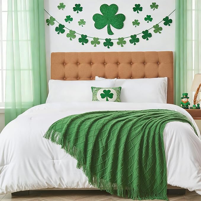 inhand Green Knitted Throw Blanket for Couch and Bed, St. Patrick’s Day Lucky Spring Gifts Throw for Her or Him, Soft Farmhouse Woven Blanket with Tassel, Lightweight Decorative, 50"x60"
