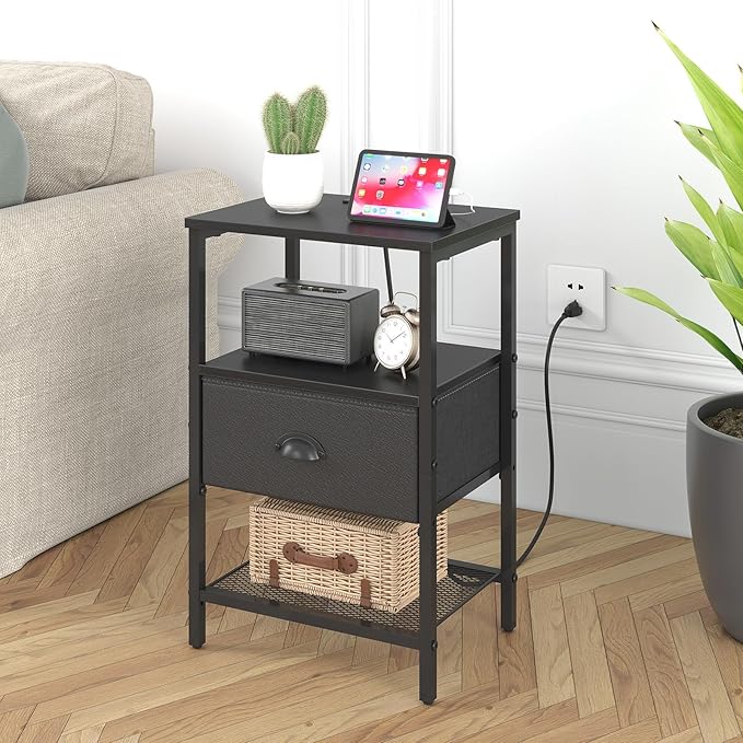 Nightstands Set of 2, Black Night Stands with Charging Station, Bedside Tables with Drawers PU Finish, 2-Tier Side Table with Open Shelf, Nightstands with Drawer,Black