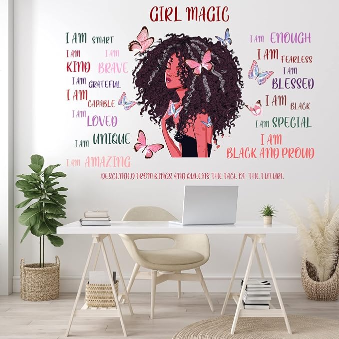 Black Girl Wall Decal Inspirational Quote Butterfly Sticker Motivational Saying American Wall Decor Sticker for Afro Woman Bedroom Playroom