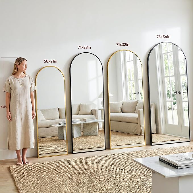 Antok Full Length Floor Mirror Arched Standing Mirror with Aluminum Frame - Freestanding Wall Mount Leaning Body Mirror for Bedroom Living Room Entryway, 76" L x 34" W, Gold