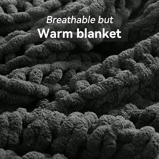 Chunky Knit Throw Blanket, 80''*90'' Knitted Throw Chenille Yarn for Bed Couch, Handmade Dark Grey Crochet Big Thick Blanket, Machine Washable Cute Comfy Blanket for Home Decor