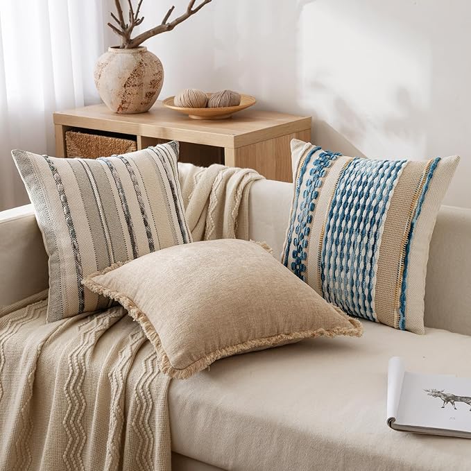 ANRODUO Pack of 2 Boho Decorative Throw Pillow Covers 18x18 Farmhouse Cushion Case Striped Chenille Pillow Cases Square Pillow Covers Accent Neutral Pillowcase for Sofa Couch Bed, Gray Stripe