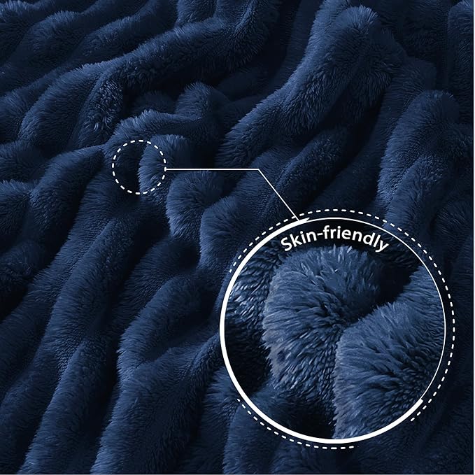 Exclusivo Mezcla Twin Size Flannel Fleece Blanket, Super Soft Striped Jacquard Bed Blanket, Lightweight Fuzzy Cozy for All Seasons, 60x80 Inches, Navy Blue