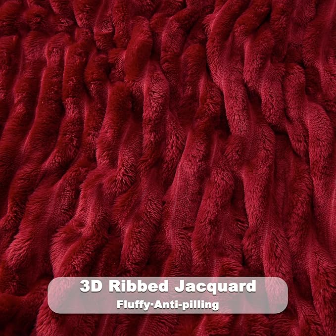 NEWCOSPLAY Super Soft Twin Blanket Red Premium Silky Flannel Fleece 3D Ribbed Jacquard Lightweight Bed Blanket All Season Use (Red Ribbed, Twin(60"x80"))