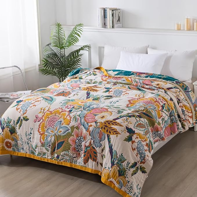 Boho Throw Blanket, 100% Cotton Fall Throws Blanket, King Size Large Bedspread, Floral Rustic Quilt, Farmhouse, Mexican Muslin Blankets for Adults, 90"x98"
