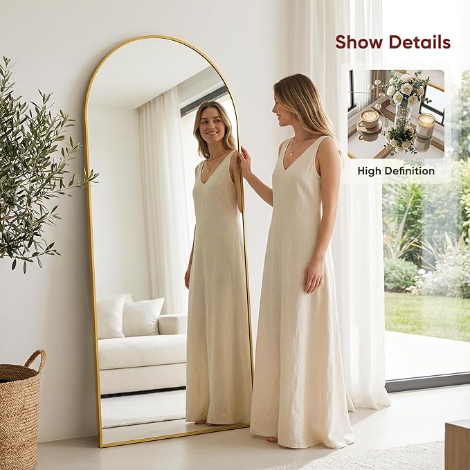 Antok Full Length Floor Mirror Arched Standing Mirror with Aluminum Frame - Freestanding Wall Mount Leaning Body Mirror for Bedroom Living Room Entryway, 76" L x 34" W, Gold