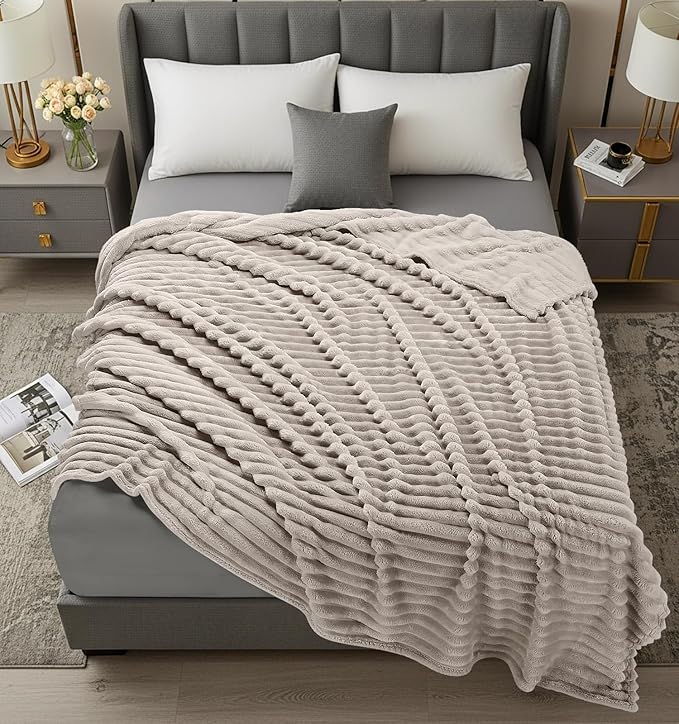Utopia Bedding Linen Striped Fleece Blanket King Size – Fluffy, Warm & Lightweight Ribbed Throw for Bed, Sofa & Chair - Soft Cozy Blanket for Home Décor & Gifting (90x102 Inches)