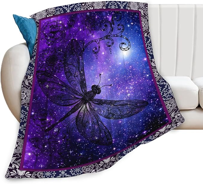 Dragonfly Blanket for Girls Women Boys Men Adults Kids Soft Cozy Fleece Purple Galaxy Starry Dragonfly Throw Blankets Gifts Warm Flannel Plush Lightweight Decor for Couch Bed Sofa 60"X50"