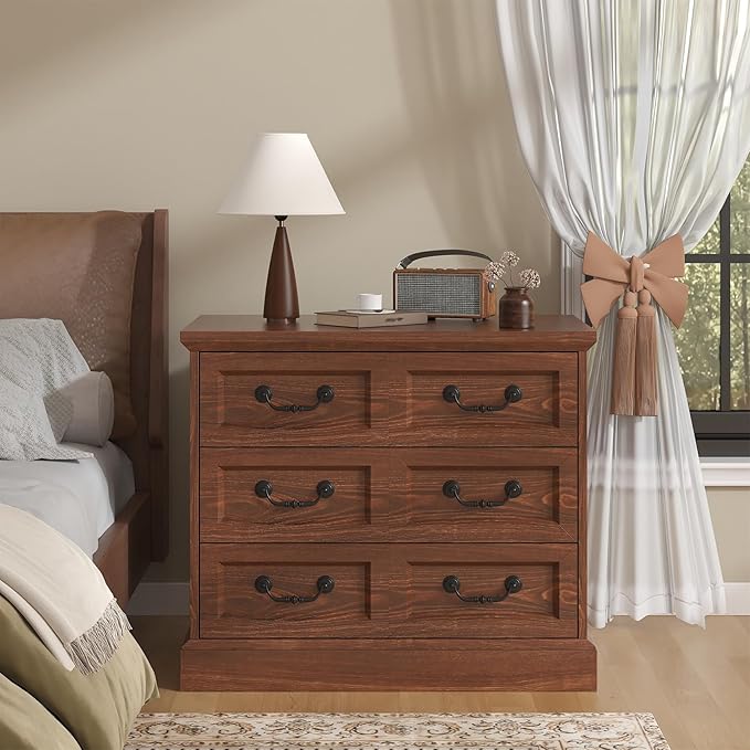 Farmhouse Night Stand with Charging Station, 27.6" Wider Cherry Wood Nightstand with 3 Drawers Dividers Storage, Larger Bedside Table, Side Table End Table for Bedroom, Living Room, Sofa