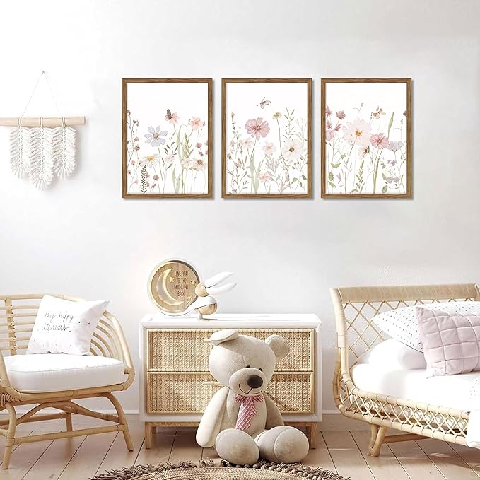 Framed Wildflower Wall Art Set of 3, Pink Floral Canvas Wall Decor Pictures, Vintage Flower Botanical Paintings, Nursery Flowers Butterfly Posters Prints for Bedroom Living Room 16x24 Inch
