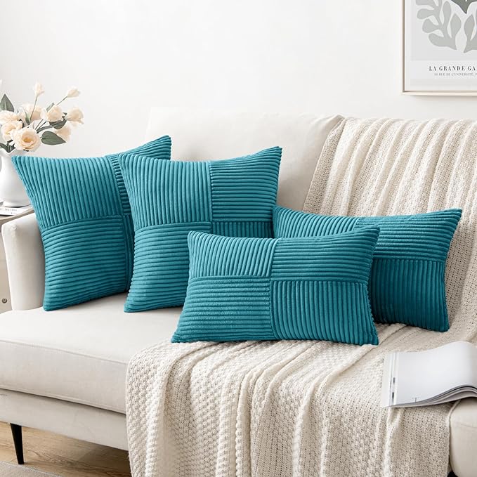 MIULEE Teal Decorative Throw Pillow Covers 18x18 Inch for Couch Bed Sofa Pack of 2 Boho Farmhouse Throw Pillows Soft Cross Corduroy Patchwork Textured Cushion Cases