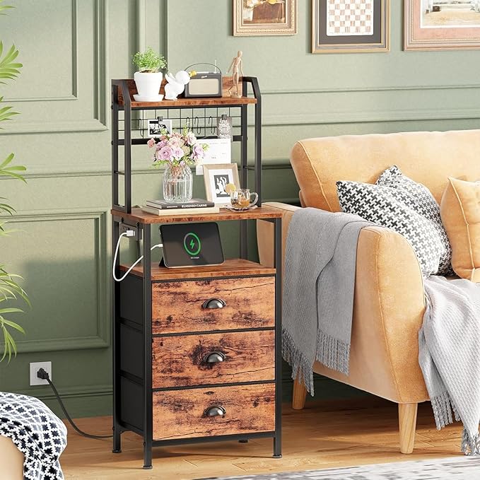 Furologee 44'' Tall Nightstand with Charging Station, Bedside Table with LED Lights, End Table with 3 Drawers and Storage Shelves, Night Stand with Pegboard for Bedroom, Rustic Brown
