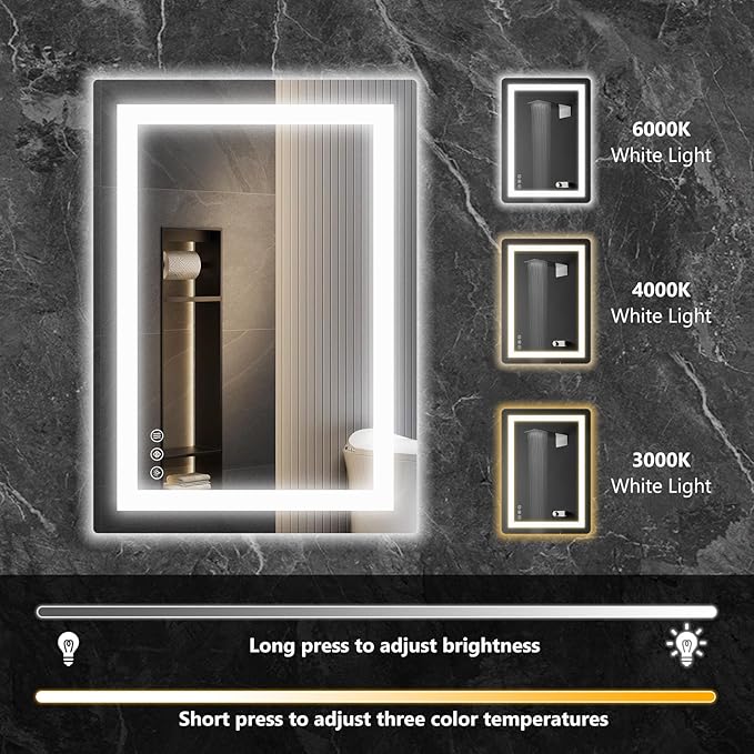 DUMOS 37"x 28" LED Bathroom Mirror with Lights, Dimmable Anti-Fog Front Lit Backlit Lighted Wall Mounted Rectangle for Vanity Makeup Memory Function Tempered Glass Shatter-Proof Horizontal&Vertically