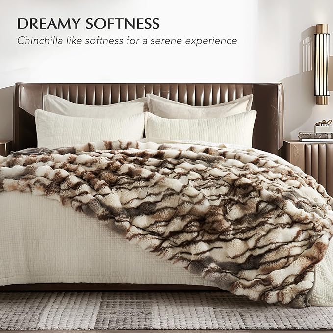 EverGrace Ultra Soft Luxury Fluffy Faux Rabbit Fur Throw Blanket, Thick Warm Bubble Throw for Bed, Cozy Plush Reversible Blankets for Couch, Chair, Sofa, Beige & Gray, 50x60 Inches