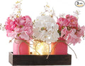 Donmills Mason Jar Lights Centerpiece Table Decor for Dining Room – Farmhouse Wood Tray with 3 Jars, Pink and White Flowers, Valentines Day & Wedding Decoration for Coffee Table, Kitchen, Living Room