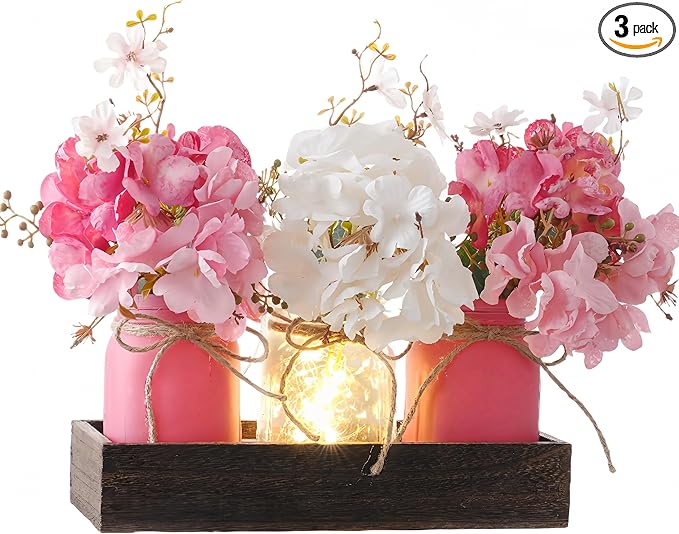 Donmills Mason Jar Lights Centerpiece Table Decor for Dining Room – Farmhouse Wood Tray with 3 Jars, Pink and White Flowers, Valentines Day & Wedding Decoration for Coffee Table, Kitchen, Living Room