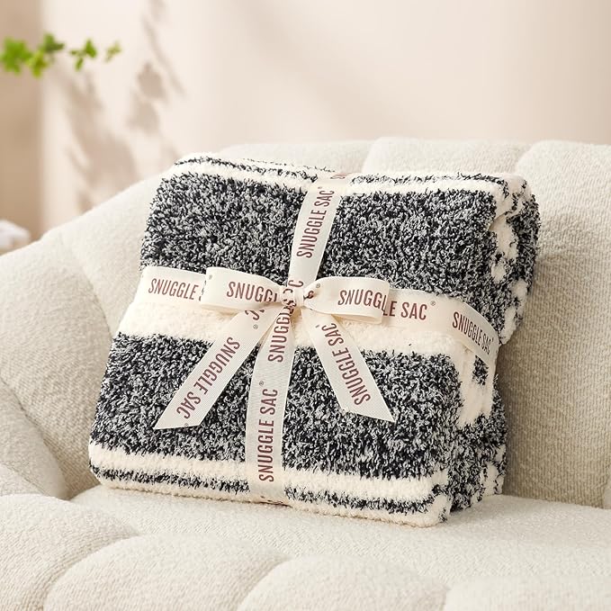Snuggle Sac Black White Stripe Twin Size Reversible Super Soft Bedding Blanket, 60x80 inches