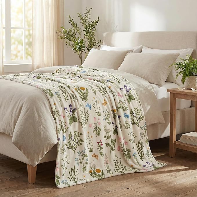 Horaldaily Spring Summer Flannel Blanket Throw, Green Plants Wild Flowers Soft Fuzzy Plush Cozy Fleece Blankets for Couch Sofa Bed Lounging, Ideal Gifts for Kids Adults Self, 60x80