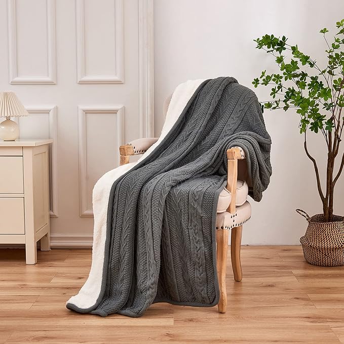Longhui bedding Acrylic Cable Knit Sherpa Throw Blanket - Thick, Soft, Big, Cozy Grey Knitted Fleece Blankets for Couch, Sofa, Bed - 60 x 80 Inches Gray Coverlet, 5.2 Pounds