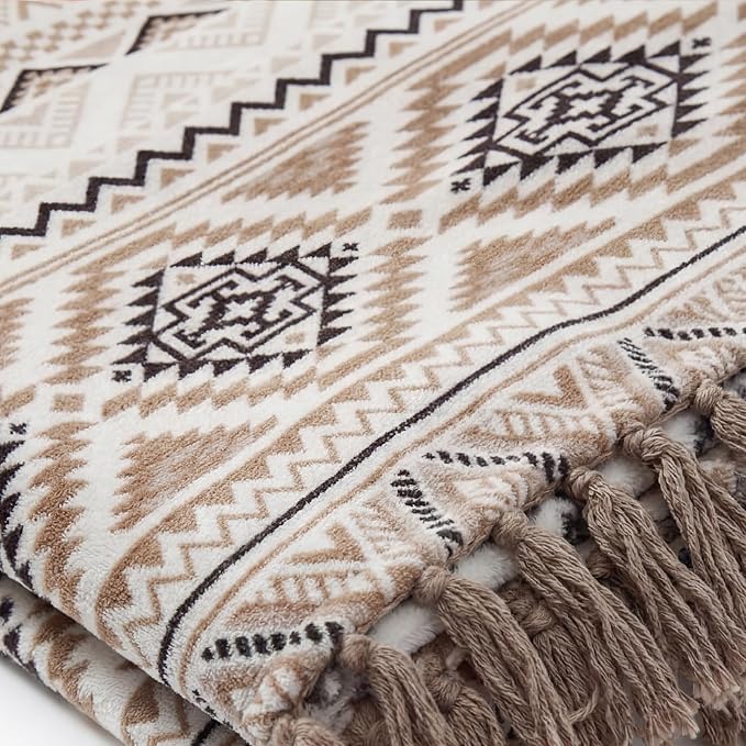 CASAAGUSTO Boho Throw Blanket - Brown White Decorative Blankets with Tassel, Printed Flannel Bohemian Blanket for Chair, Bed, Sofa, Couch(50 * 60, Brown White)