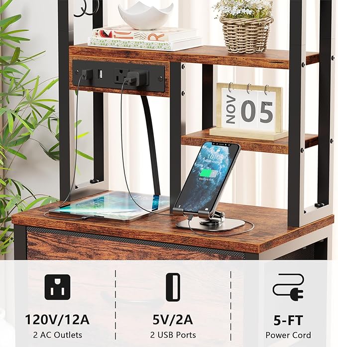 Furnulem Tall Night Stand with LED & USB Ports, 45.3inch Nightstand with Open Bookshelf, Bedside Table with 3 Fabric Drawers for Bedroom/Dorm/Office, Rustic Brown Wood-Metal Frame