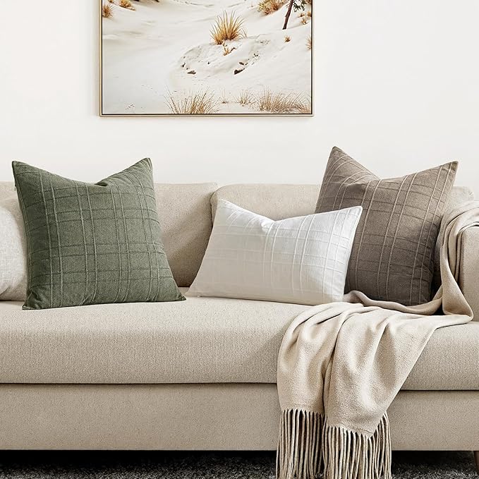 MIULEE Decorative Linen Check Euro Shams Throw Pillow Covers Neutral Farmhouse Vintage Spring Pillow Covers 26x26 Set of 2 Boho Modern Home Decor for Sofa Couch Bedroom Cushion Olive Green