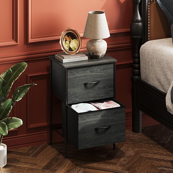 WLIVE Black Night Stand Set of 2, Small Dresser with 2 Drawers & Wooden Top, Nightstand with Fabric Bins, Bedside Table End Table for Bedroom, Closet, Entryway, College Dorm, Charcoal Black