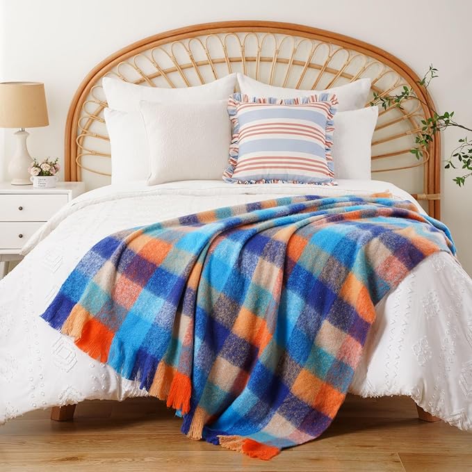 BATTILO Colorful Plaid Throw Blanket for Couch Bed, Fall Blue Plaid Throw Blanket with Vibrant Colors,Super Soft Cozy Cashmere Mohair Tartan Plaid Blanket for Fall Decor Home Decor(50"x60")