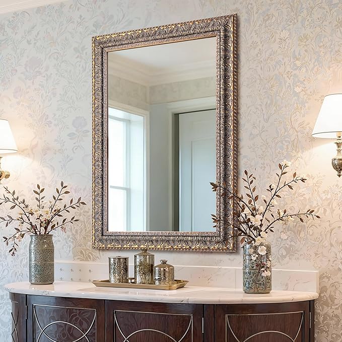 Chende Vintage Mirror for Wall Decor, 37" L x 25" W Bronze Bathroom Mirror with Carved Wood Frame and Hand-Applied Clay-Like Texture, Horizontal/Vertical Hanging, Living Room, Entryway, Home Decor